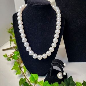 Classic Faux White String of Pearls Necklace and Double Ball Earrings Set